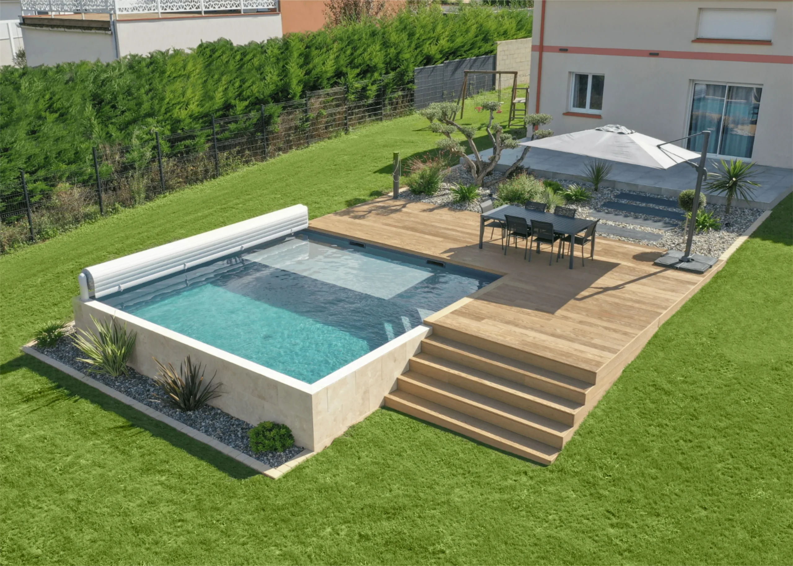 Projet piscine hors sol en travertin ! | Piscine hors sol design ...